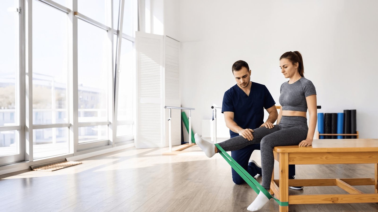 A physical therapist guiding a patient through a resistance-band leg exercise at Saburi