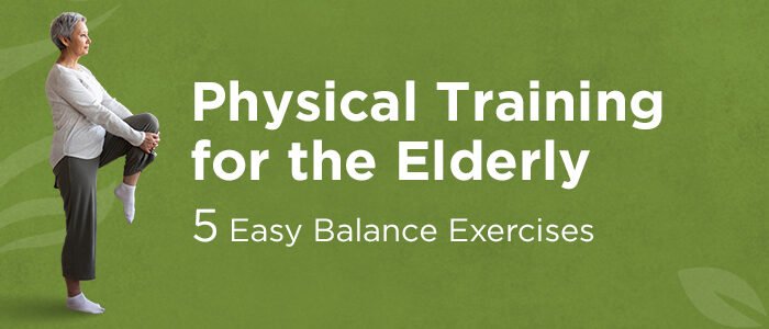 Elderly woman performing a leg balance exercise, promoting physical training for seniors with the title: 5 Easy Balance Exercises.